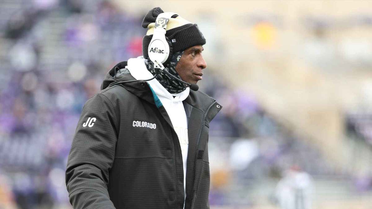Colorado Buffaloes head coach Deion Sanders looks on during the second quarter against the Kansas State Wildcats at Bill Snyder Family Football Stadium.