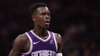 Sacramento Kings guard Dennis Schroder (17) between plays against the Atlanta Hawks during the first quarter at Golden 1 Center.