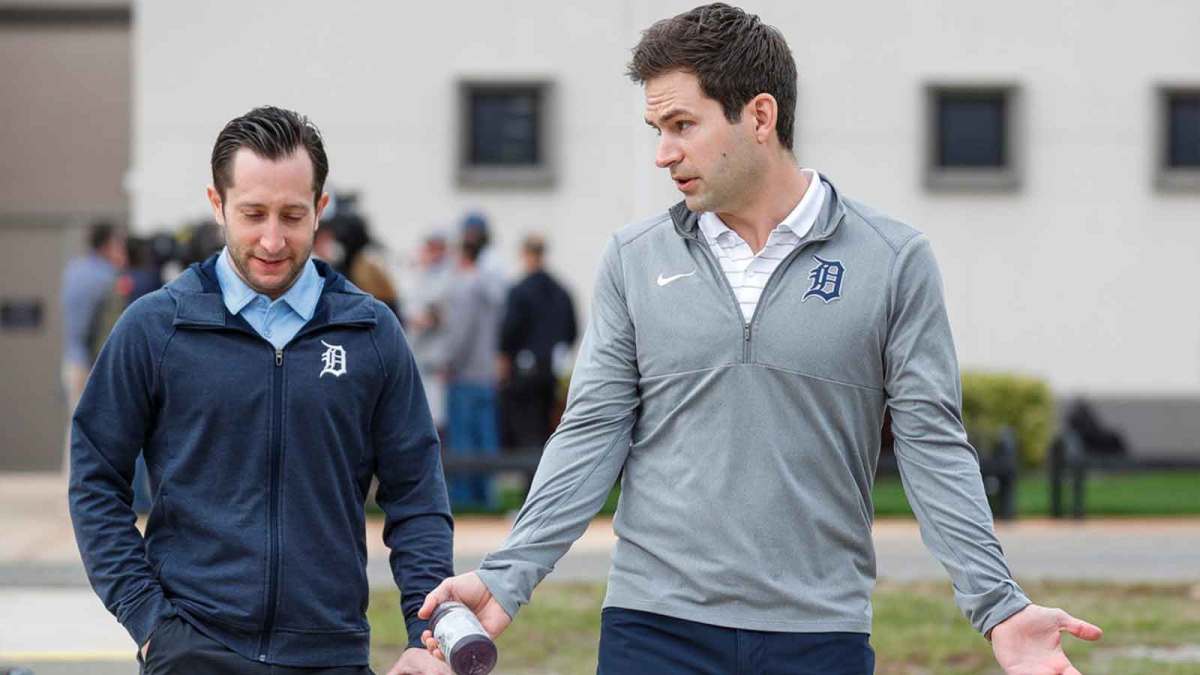 Detroit Tigers president of baseball operations Scott Harris, right, talks with general manager Jeff Greenberg during spring training at Tigertown.
