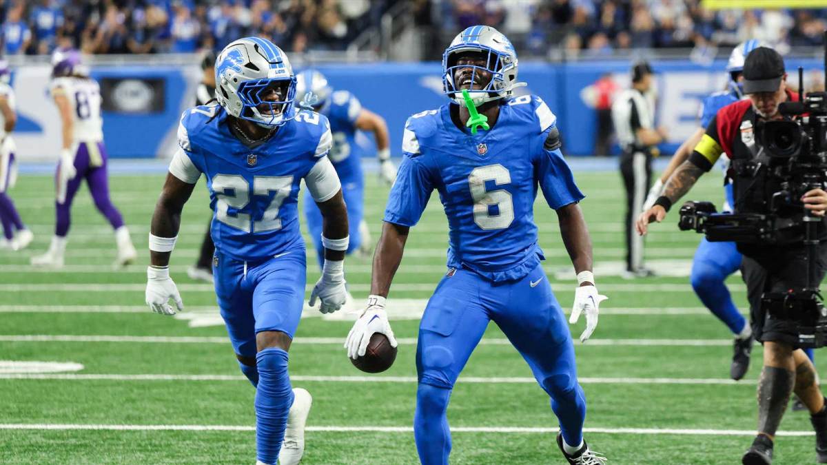 Detroit Lions cornerback Terrion Arnold (6) celebrates an interception in the second quarter against the Minnesota Vikings at Ford Field.