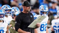 Detroit Lions head coach Dan Campbell watches a play against Washington Commanders during the first half at Northwest Stadium in Landover, Md.