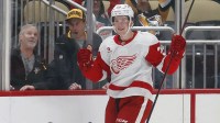 Pennsylvania, USA; Detroit Red Wings center Nate Danielson (29) reacts after scoring a goal against the Pittsburgh Penguins during the third period at PPG Paints Arena. Detroit won 2-1. Mandatory