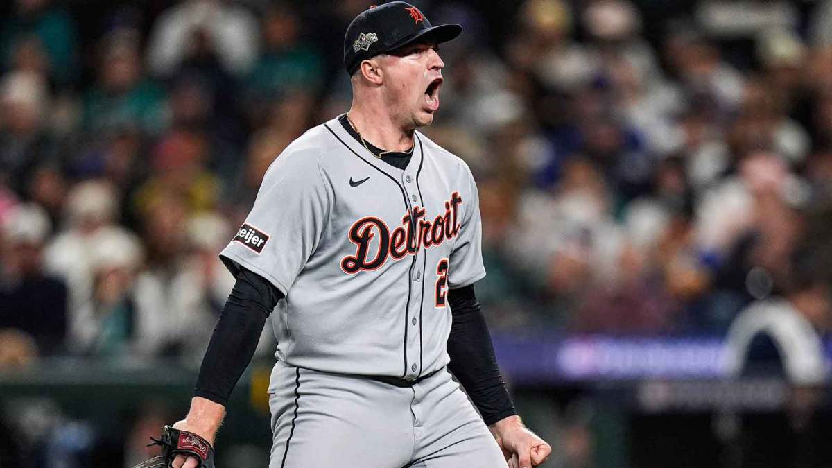 Tigers pitcher Tarik Skubal celebrates striking out Mariners catcher Cal Raleigh in the sixth inning of ALDS Game 5 at T-Mobile Park in Seattle on Friday, Oct. 10, 2025.