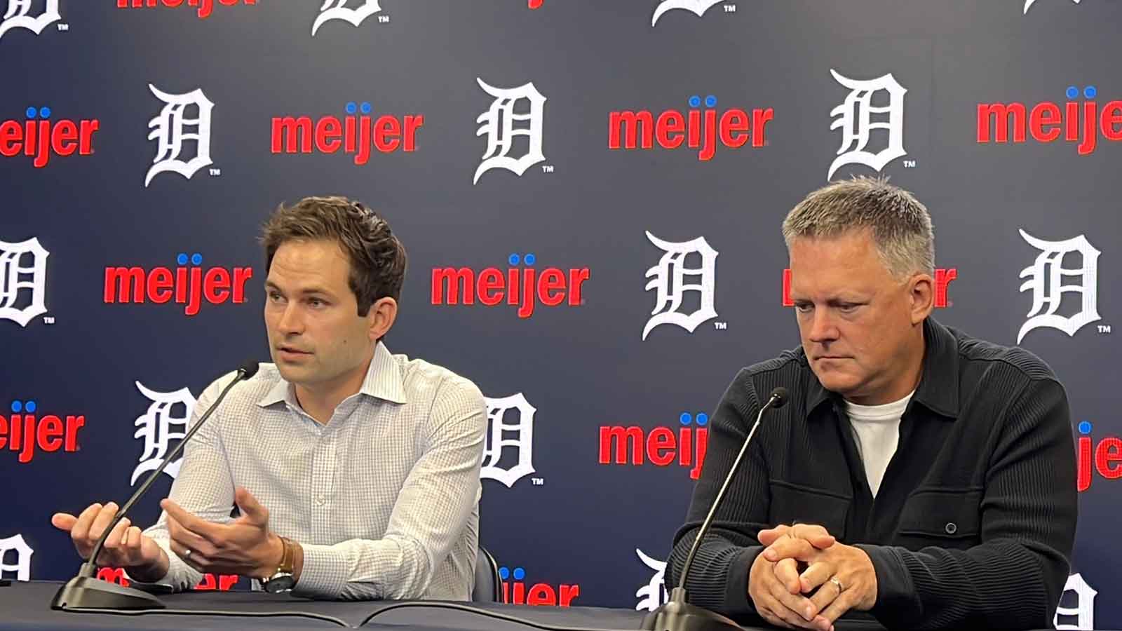 Detroit Tigers president of baseball operations Scott Harris, left, and manager A.J. Hinch meet with reporters Monday, Oct. 13, 2025, at Comerica Park in Detroit.