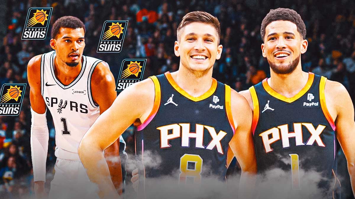 Devin Booker and Grayson Allen in Phoenix Suns jerseys smiling. Next to them is Spurs star Victor Wembanyama looking concerned or scared with a swarm of Suns logo all around him.
