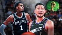 Devin Booker in a Phoenix Suns jersey with a thought bubble of an alien, and next to him is Victor Wembanyama in a San Antonio Spurs jersey