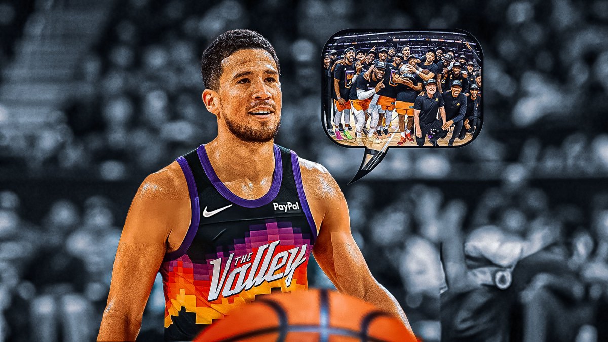 Devin Booker in a "Valley" jersey and a thought bubble of the 2020-21 Suns team that made the NBA Finals