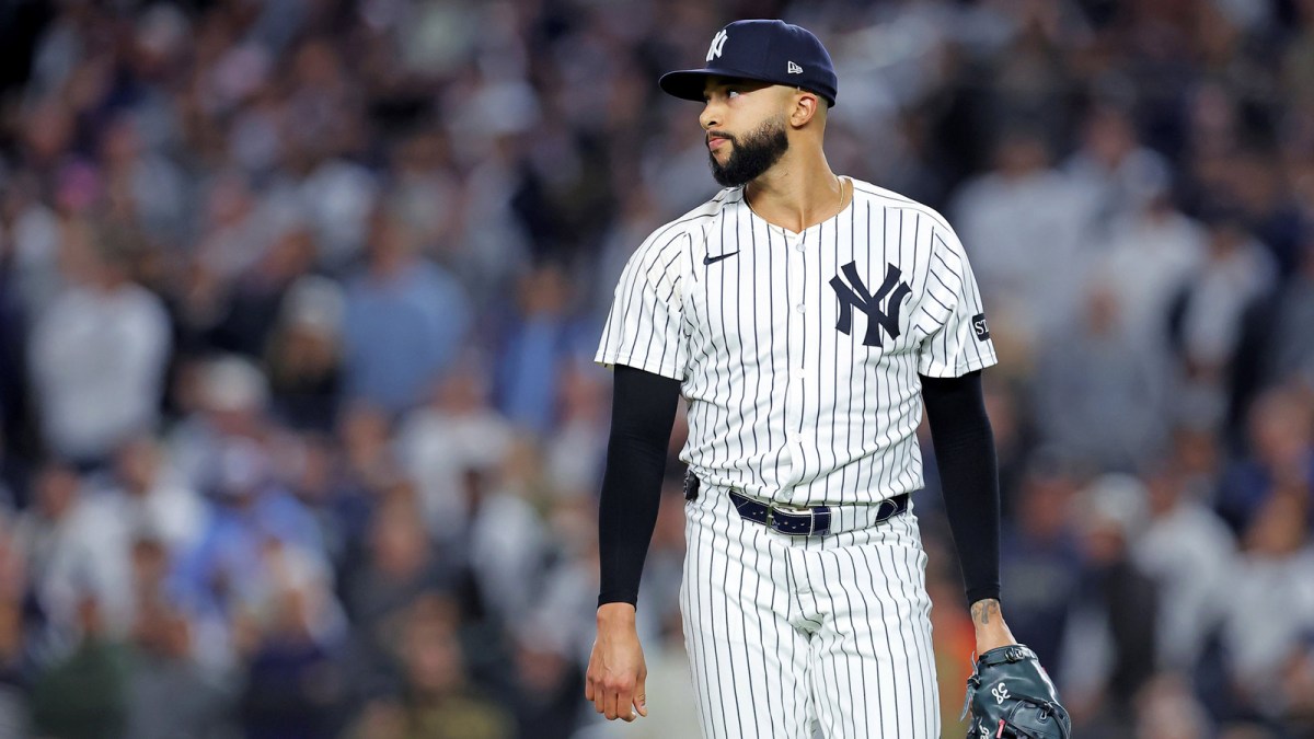 New York Yankees pitcher Devin Williams (38) reacts after giving up a two run RBI during the seventh inning during game four of the ALDS round for the 2025 MLB playoffs at Yankee Stadium.