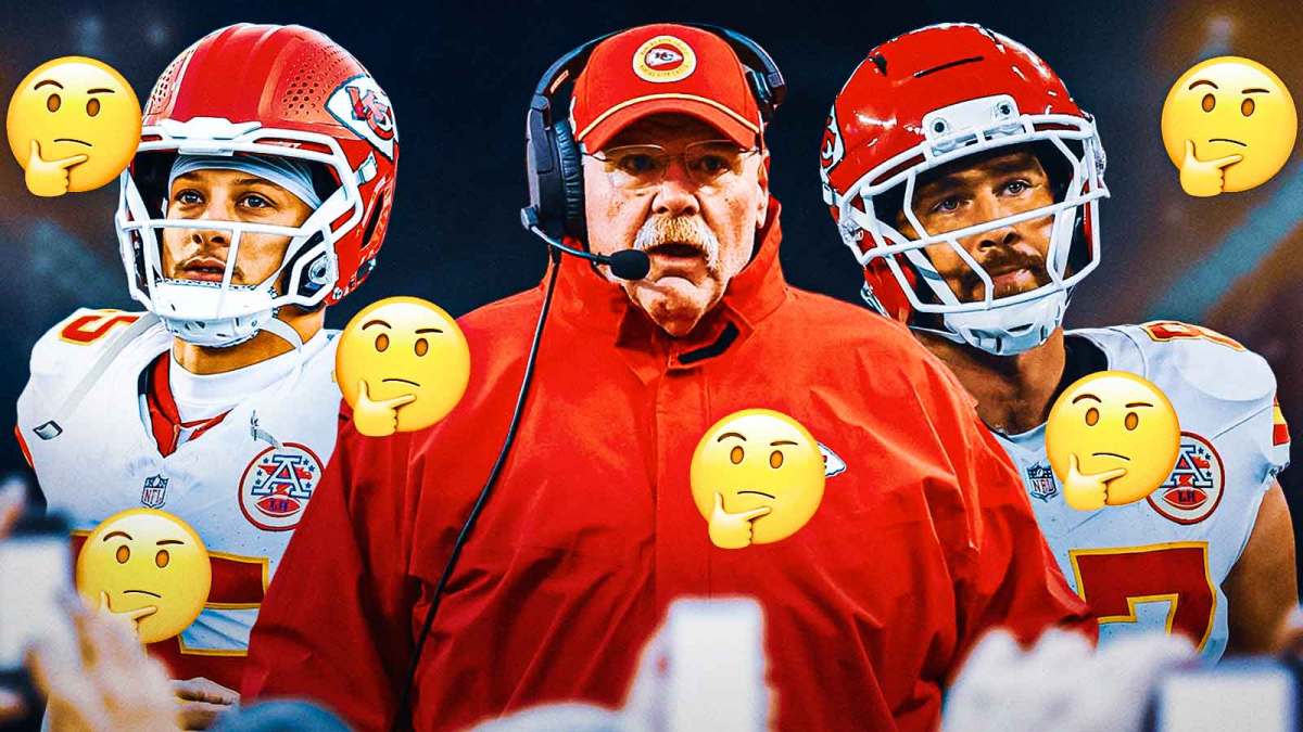 Chiefs' Patrick Mahomes, Travis Kelce, Andy Reid with thinking face emojis all around