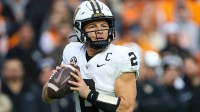 Vanderbilt Commodores quarterback Diego Pavia (2) looks to pass against the Tennessee Volunteers during the first half at Neyland Stadium.