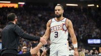 Phoenix Suns guard/forward Dillon Brooks (3) reacts with teammates after coming out of the game during the second quarter of the game against the Sacramento Kings at Golden 1 Center.