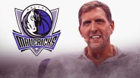 Dallas Mavericks logo on left, Dirk Nowitzki on right.