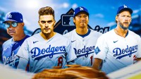 Graphic with Dodgers' Dave Roberts, Kike Hernandez, Shohei Ohtani, and Clayton Kershaw with the 2025 World Series logo and the Hollywood sign in the back