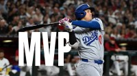 Los Angeles Dodgers star Shohei Ohtani swinging a bat in front of the word MVP.