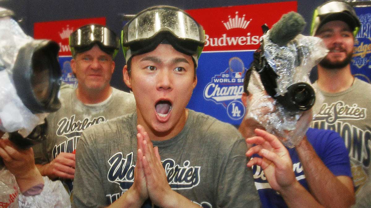 Los Angeles Dodgers pitcher Yoshinobu Yamamoto (18) celebrates after defeating the Toronto Blue Jays in the 2025 MLB World Series at Rogers Centre.