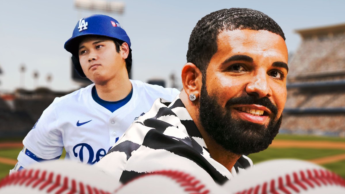 Rapper Drake smiling. Shohei Ohtani looking serious.