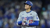 Los Angeles Dodgers two-way player Shohei Ohtani (17) reacts in the third inning against the Toronto Blue Jays during game seven of the 2025 MLB World Series at Rogers Centre.