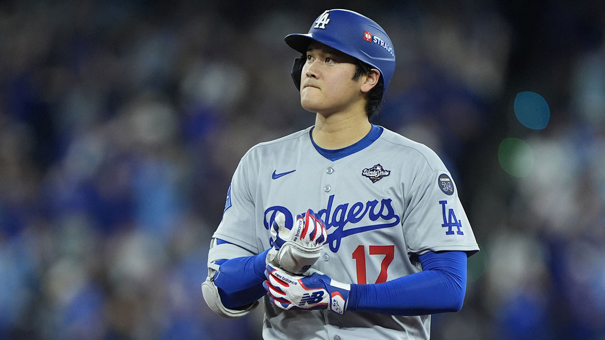 Los Angeles Dodgers two-way player Shohei Ohtani (17) reacts in the third inning against the Toronto Blue Jays during game seven of the 2025 MLB World Series at Rogers Centre.
