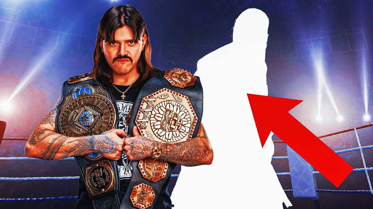 WWE star Dominik Mysterio before his new neck tattoo and a silhouette of him.