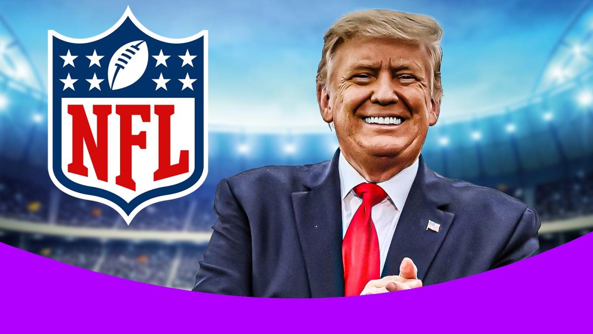Donald Trump smiling with the NFL logo next to him.