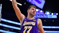 ; Los Angeles Lakers guard Luka Doncic (77) reacts after scoring the basket and drawing the foul against the San Antonio Spurs during the first half at Crypto.com Arena.