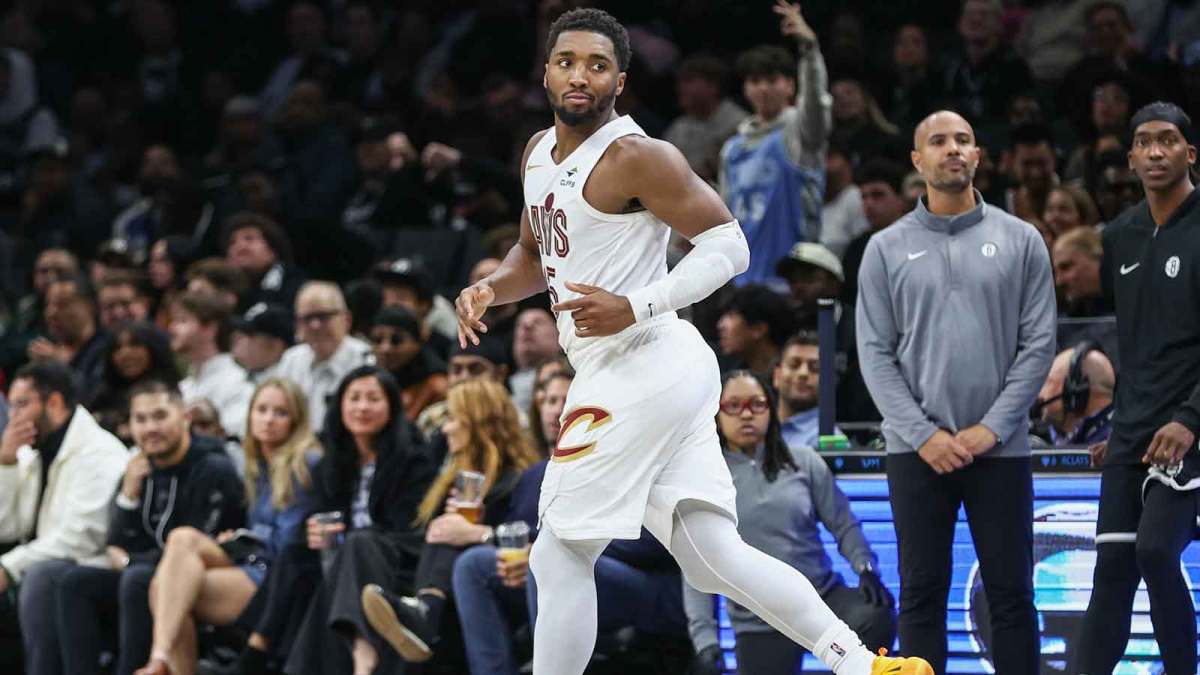 Cleveland Cavaliers guard Donovan Mitchell (45) gestures after making a three point shot in the fourth quarter against the Brooklyn Nets at Barclays Center.