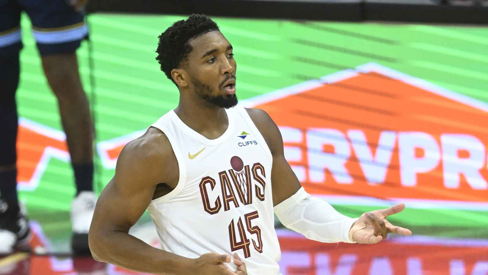 Cleveland Cavaliers guard Donovan Mitchell (45) celebrates his three-point basket in the fourth quarter against the Memphis Grizzlies at Rocket Arena.