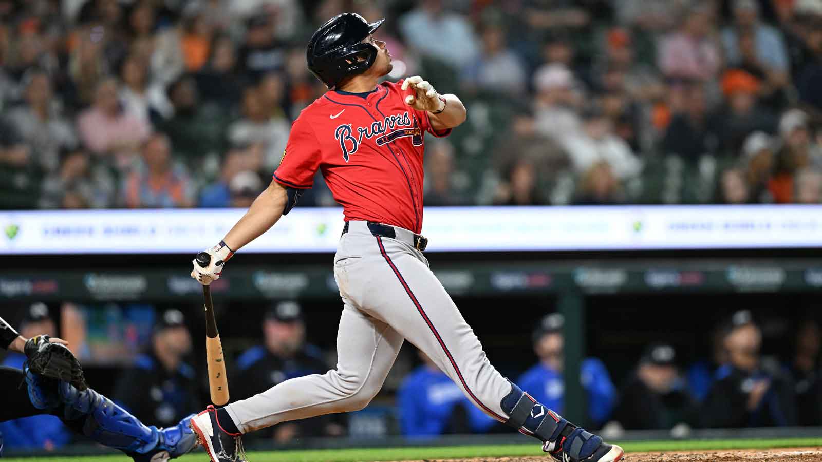 Atlanta Braves catcher Drake Baldwin (30) hits a two run home run against the Detroit Tigers in the ninth inning at Comerica Park. 