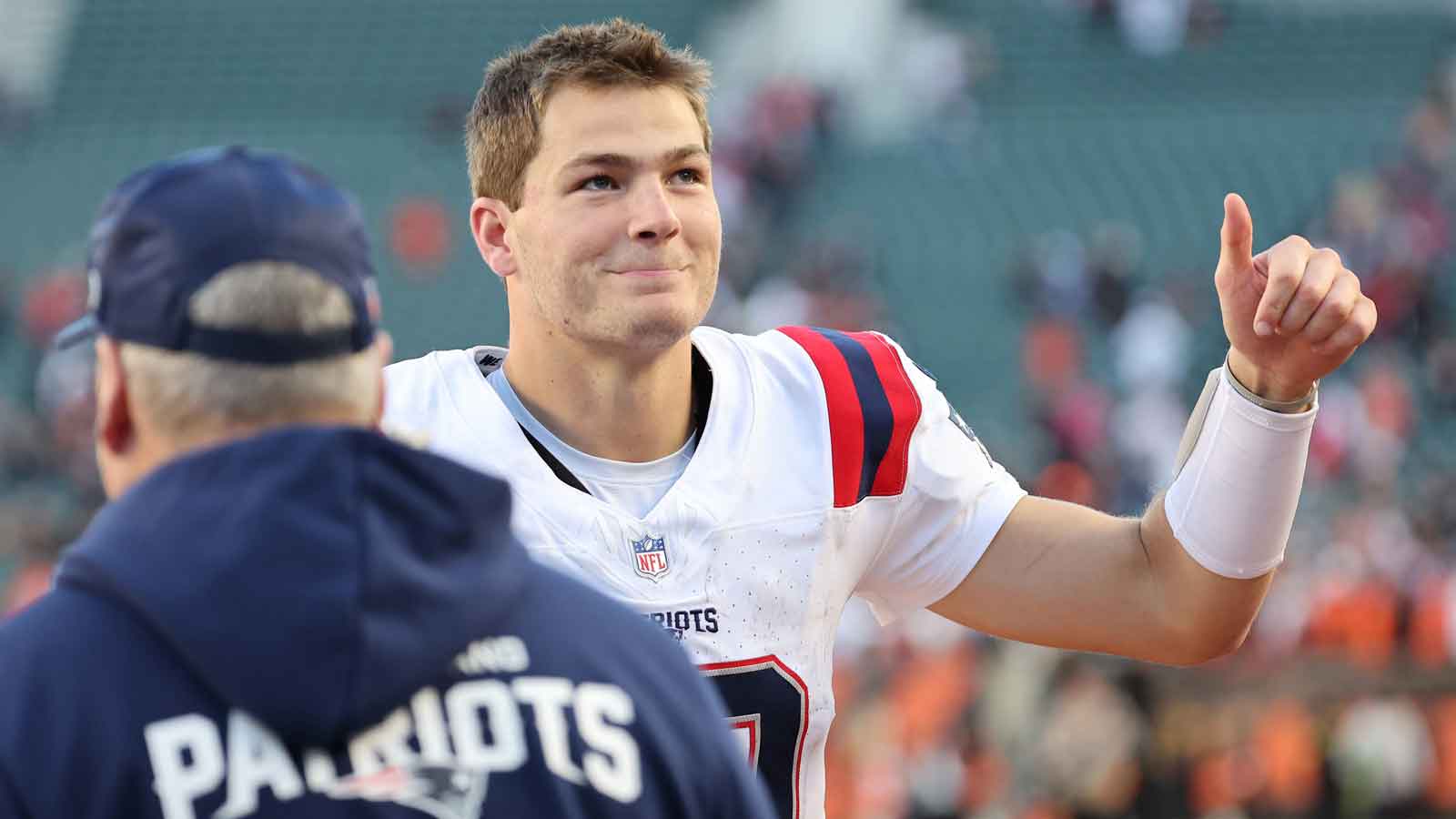 New England Patriots quarterback Drake Maye (10) reacts after defeating the Cincinnati Bengals at Paycor Stadium. 