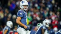 New England Patriots quarterback Drake Maye (10) on the field against the New York Jets in the third quarter at Gillette Stadium.