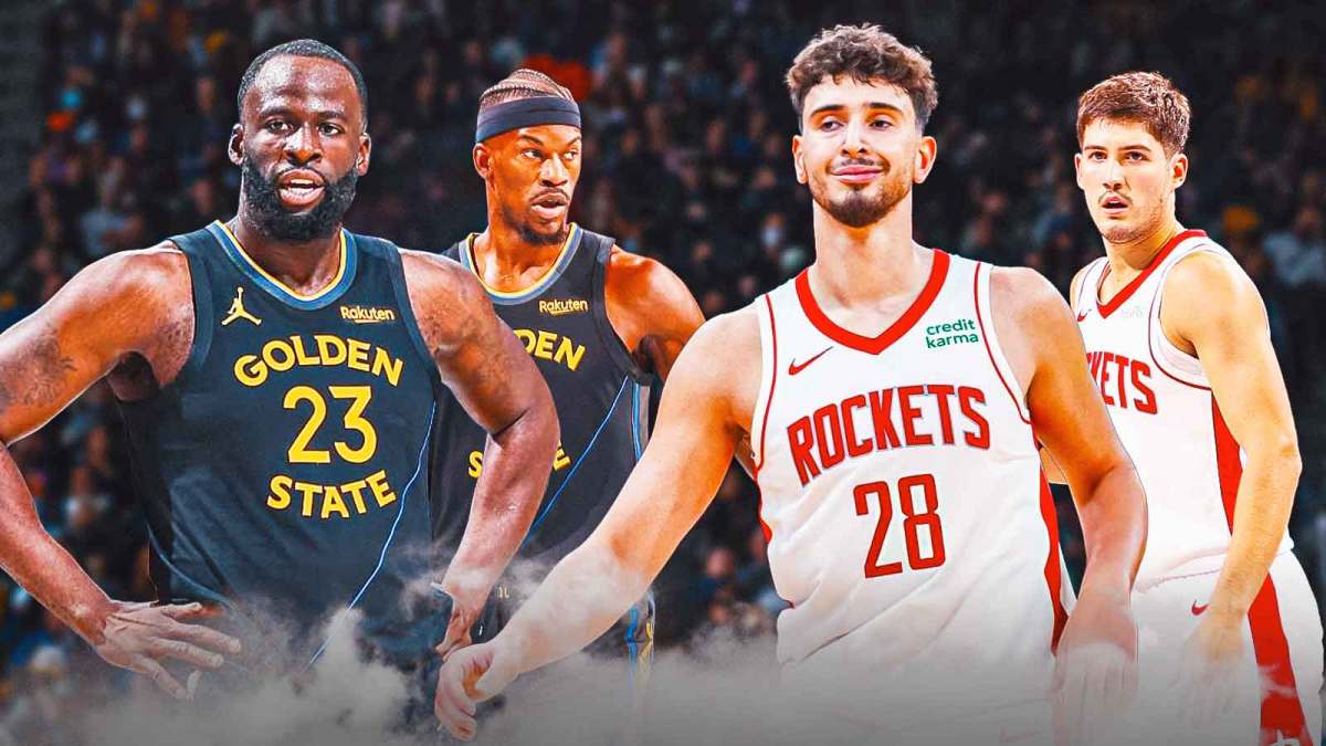 Draymond Green and Jimmy Butler looking frustrated as the Rockets players Alperen Sengun and Reed Sheppard look very happy celebrating