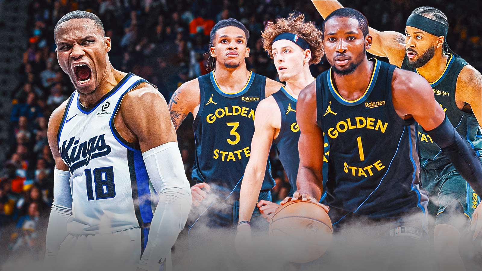 Warriors' Jonathan Kuminga, Moses Moody, Brandin Podziemski, and Will Richard bunched up while Russell Westbrook looks hyped on the other side.