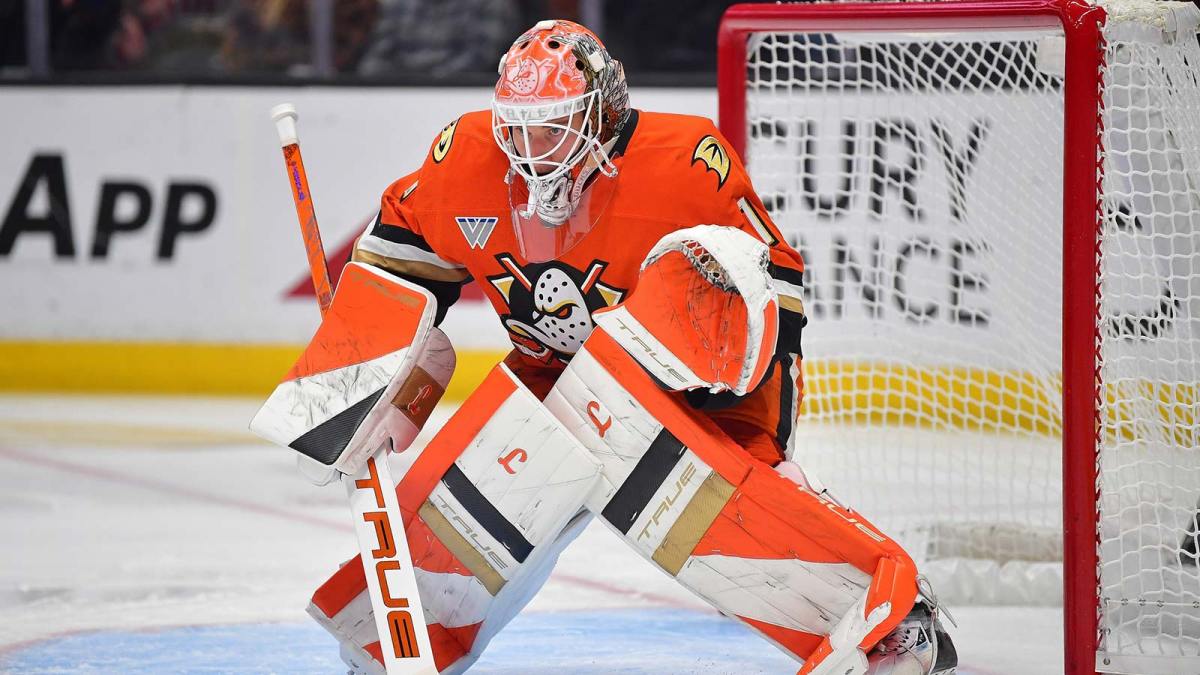 Anaheim Ducks goaltender Lukas Dostal (1) defends the goal against the Utah Mammoth during the first period at Honda Center.