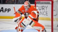 Anaheim Ducks goaltender Lukas Dostal (1) defends the goal against the Utah Mammoth during the first period at Honda Center.