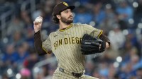 San Diego Padres starting pitcher Dylan Cease (84) throws a pitch against the Toronto Blue Jays during the first inning at Rogers Centre.