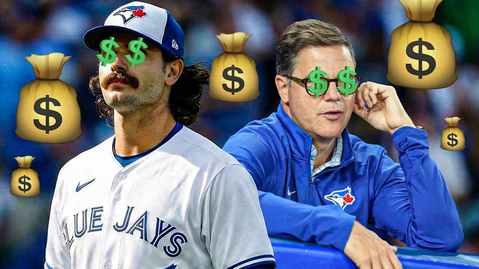 IMAGE: New Toronto Blue Jays starting pitcher Dylan Cease smiling/looking happy (jersey swap from San Diego Padres to Toronto Blue Jays) on the right side, Toronto Blue Jays GM Ross Atkins talking on the left side, dollar signs and stacks of cash emojis around both Cease and Atkins, Rogers Centre (home stadium of the Toronto Blue Jays) in the background