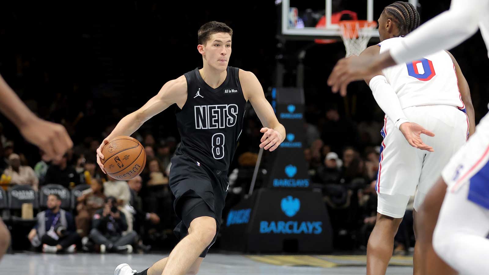 Brooklyn Nets guard Egor Demin (8) controls the ball against Philadelphia 76ers guard Tyrese Maxey (0) during the third quarter at Barclays Center.