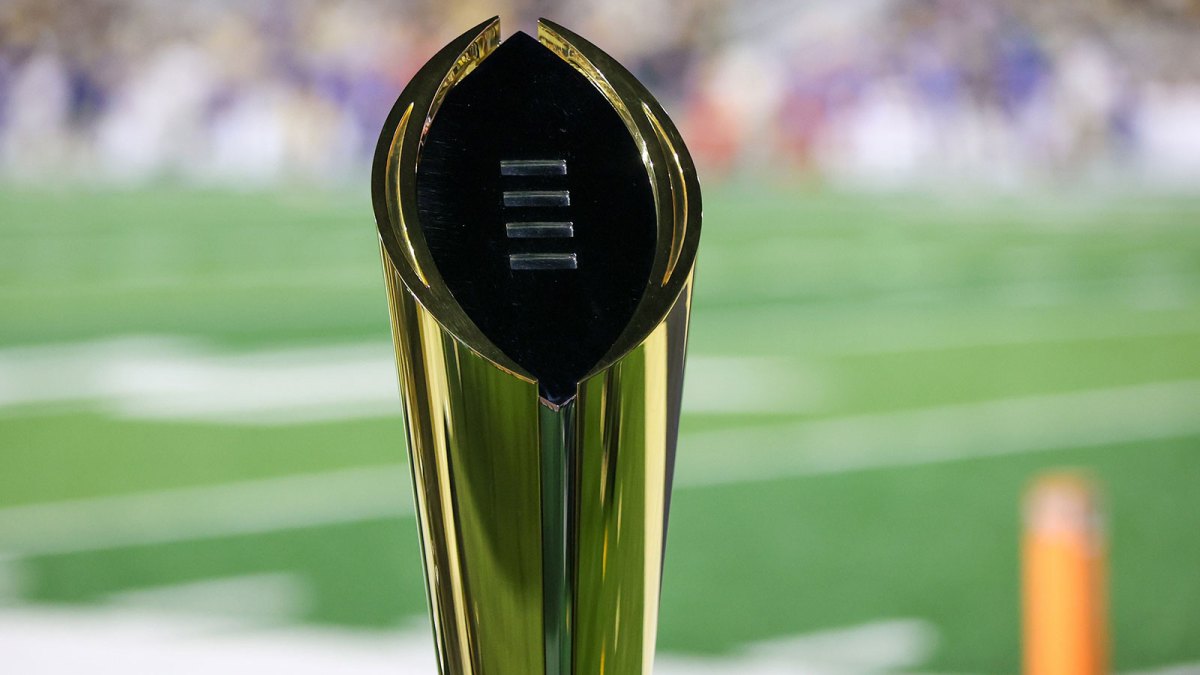 Nov 22, 2025; Atlanta, Georgia, USA; A view of the college football playoff national championship trophy on the sidelines of a game between the Georgia Tech Yellow Jackets and Pittsburgh Panthers in the fourth quarter at Bobby Dodd Stadium at Hyundai Field. Mandatory Credit: Brett Davis-Imagn Images