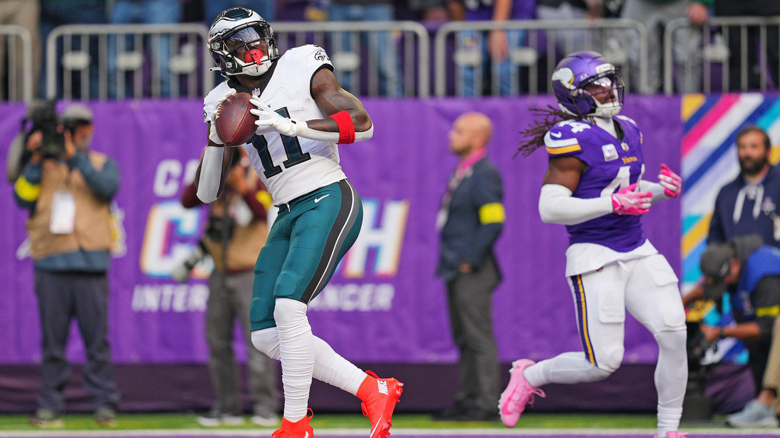 Philadelphia Eagles wide receiver A.J. Brown (11) catches a pass for a touchdown during the first half against the Minnesota Vikings at U.S. Bank Stadium.