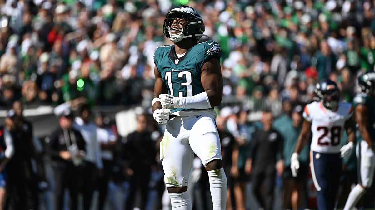 Philadelphia Eagles linebacker Azeez Ojulari (13) reacts in the second quarter against the Denver Broncos at Lincoln Financial Field.