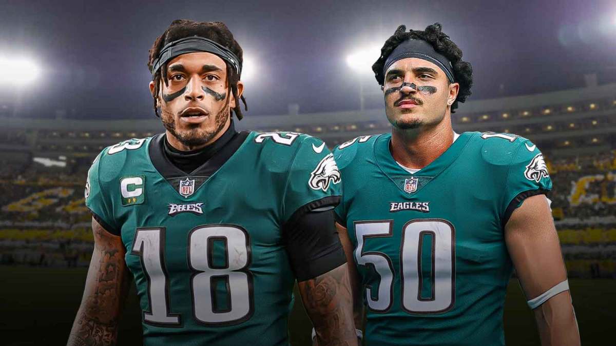 Jaire Alexander wearing a Kelly Green No. 18 and Jaelan Phillips wearing a Kelly Green No. 50 jersey in front of the Packers stadium.