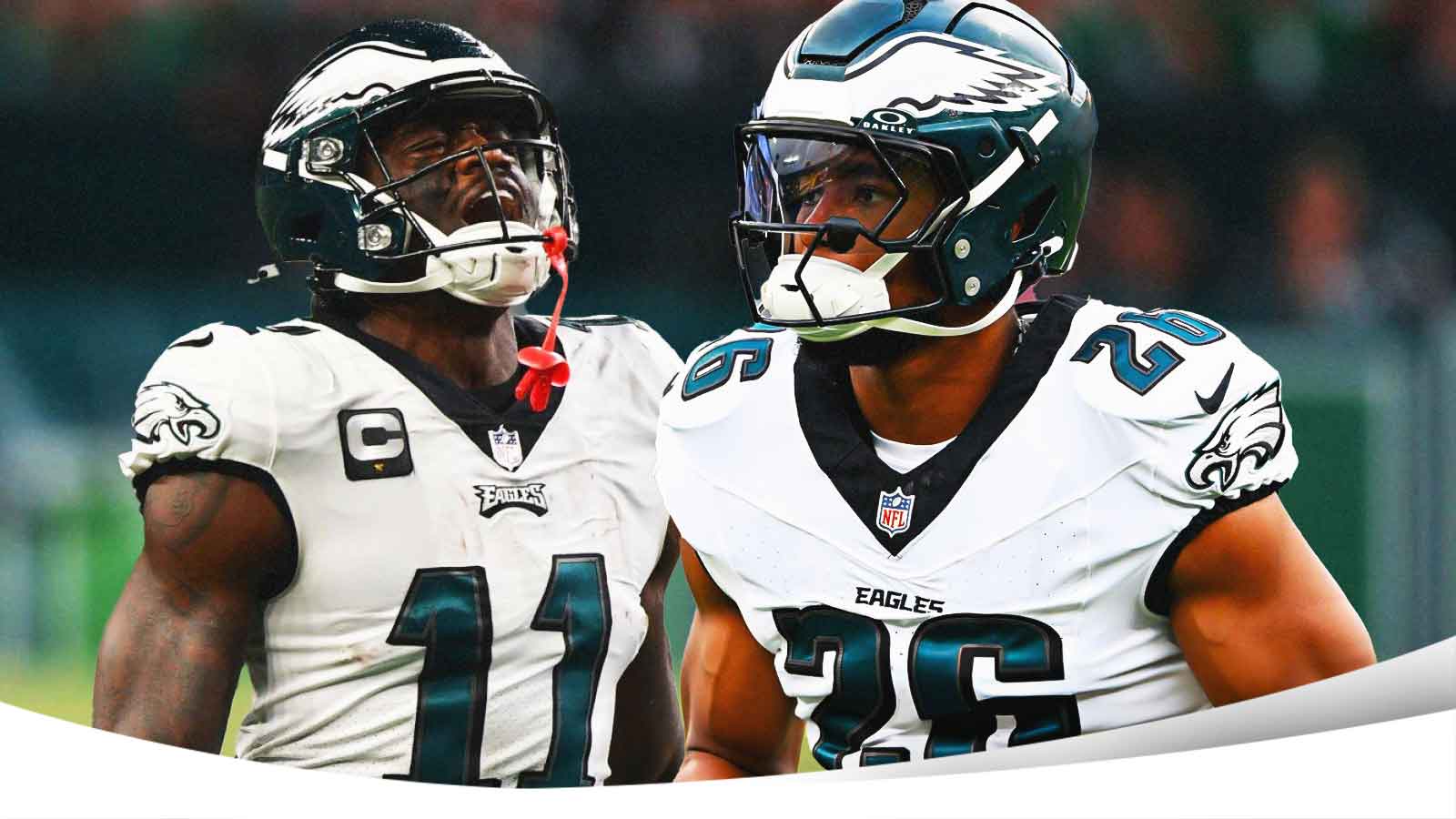 AJ Brown and Saquon Barkley in front of the Eagles Stadium.