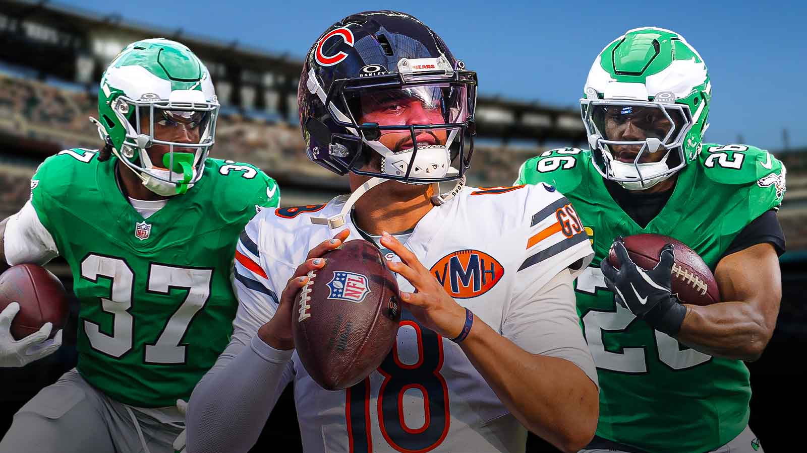 Tank Bigsby on the left, Saquon Barkley on the right, and Caleb Williams in the middle in front of the Eagles stadium.