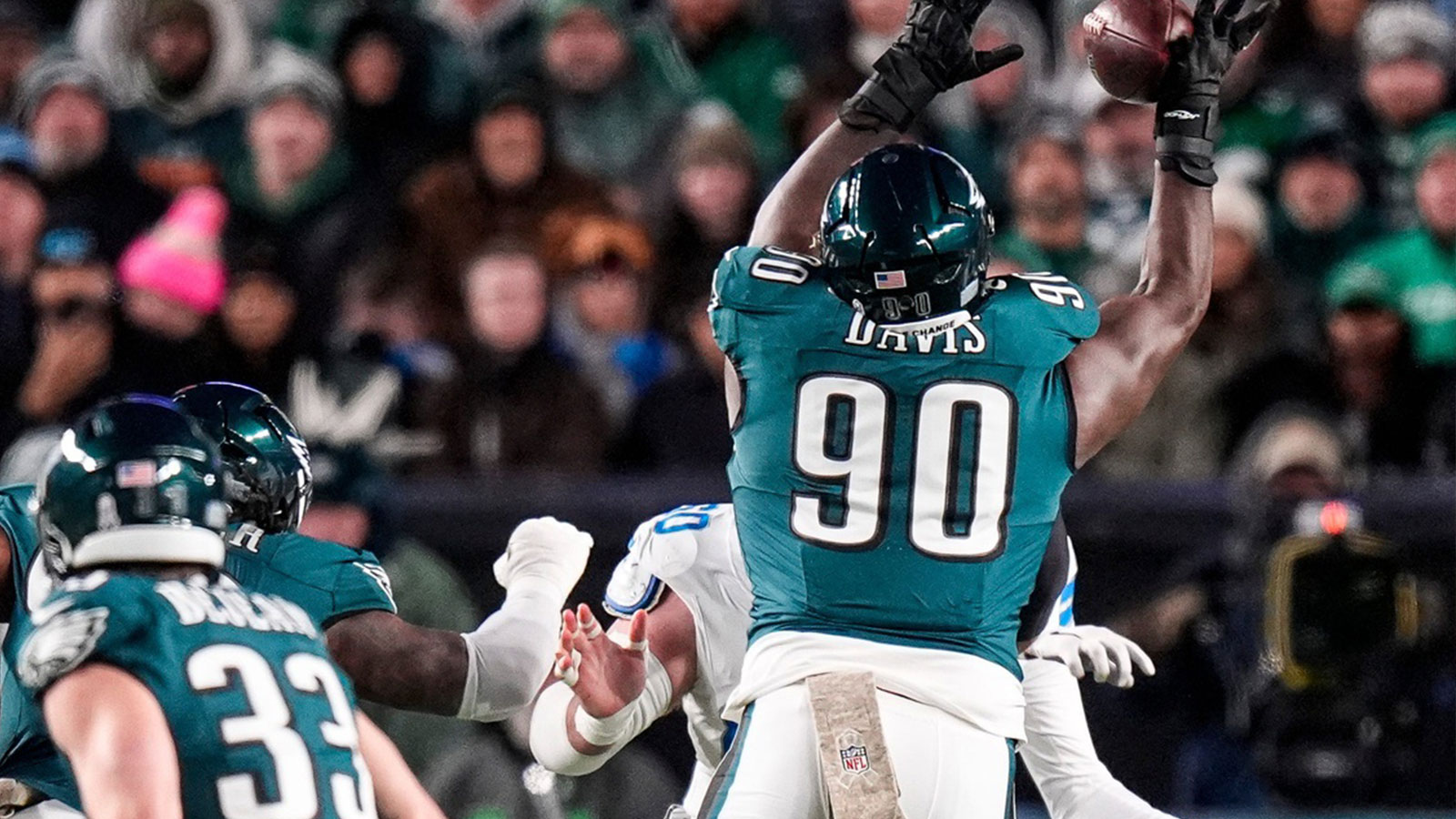 Philadelphia Eagles defensive tackle Jordan Davis bats a pass from quarterback Jared Goff during the first half at Lincoln Financial Field in Philadelphia on Sunday, November 16, 2025.