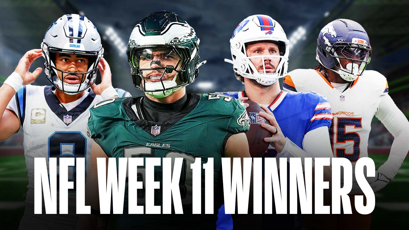 Panthers QB Bryce Young, Eagles DE Jaelan Phillips, Bills QB Josh Allen, Broncos DE Nik Bonitto "NFL Week 11 Winners" at the bottom