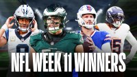 Panthers QB Bryce Young, Eagles DE Jaelan Phillips, Bills QB Josh Allen, Broncos DE Nik Bonitto "NFL Week 11 Winners" at the bottom
