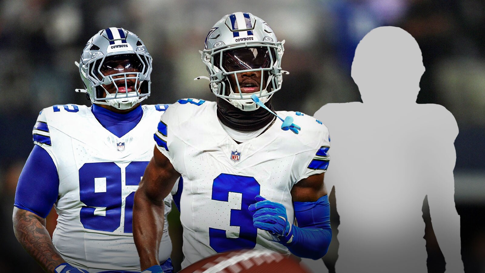 George Picken and Quinnen Williams (Cowboys) next tot he blacked-out silhouette of Adoree' Jackson in front of the Cowboys stadium.