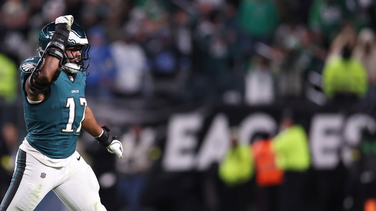 Philadelphia Eagles linebacker Nakobe Dean (17) reacts against the Detroit Lions during the second half at Lincoln Financial Field. Mandatory Credit: