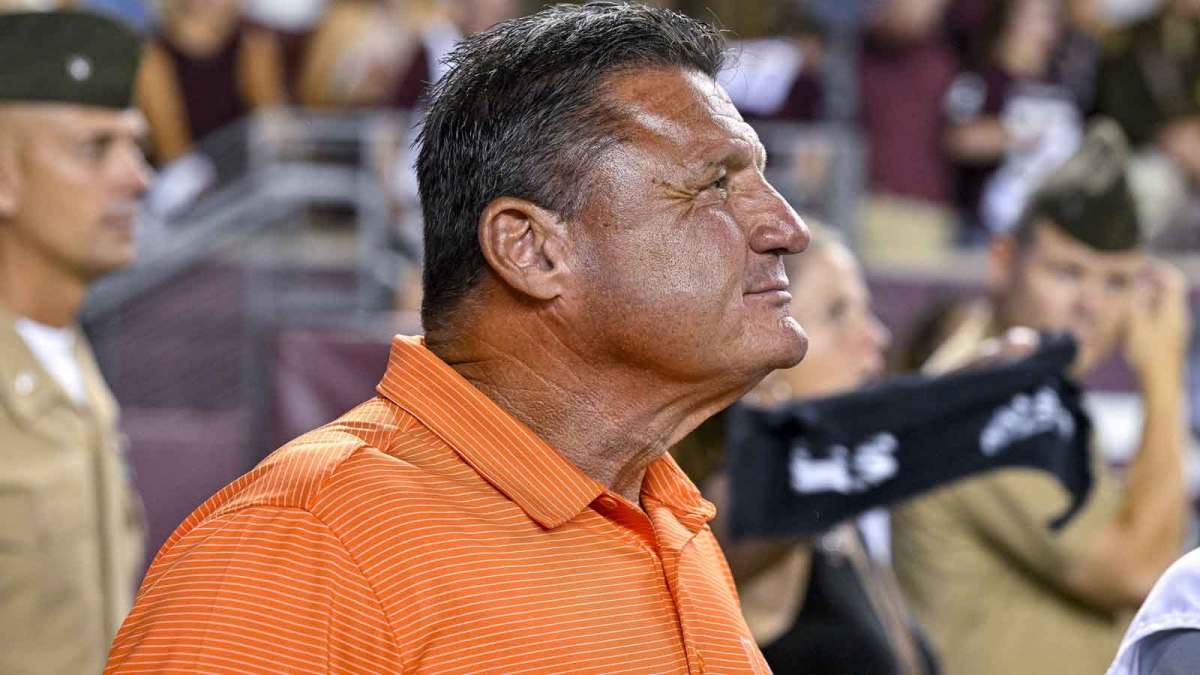 Former LSU head coach Ed Orgeron watches the game between the Texas A&M Aggies and the Miami Hurricanes during the second half at Kyle Field.