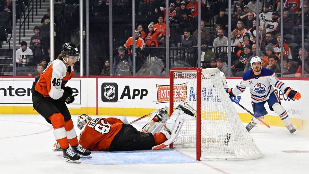Edmonton Oilers center Jack Roslovic (28) celebrates his game winning goal in overtime past Philadelphia Flyers goaltender Dan Vladar (80) at Xfinity Mobile Arena